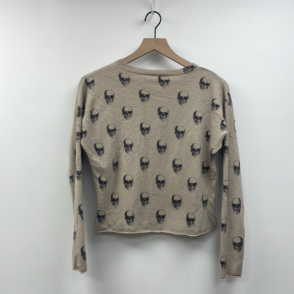 360 Cashmere Skull Graphic Intarsia Crewneck Long Sleeve Knit Sweater Tan Small - Picture 6 of 10